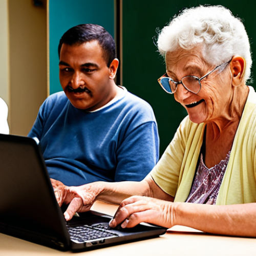 Home 4 **
A friendly, diverse group of people, including a senior citizen, participating in a hands-on computer workshop at a local community center. The atmosphere is warm and inviting. Laptops and tablets are visible. Focus on the positive interaction and learning environment.
**