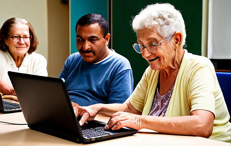 **
A friendly, diverse group of people, including a senior citizen, participating in a hands-on computer workshop at a local community center. The atmosphere is warm and inviting. Laptops and tablets are visible. Focus on the positive interaction and learning environment.
**