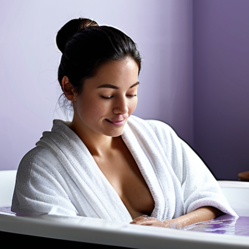 Home 14 Serene Self-Care Ritual**
A woman fully clothed in a comfortable, modest robe is peacefully soaking in a warm bubble bath, scented candles flickering softly around the tub, lavender essential oils adding aromatherapy. Background: A clean, modern bathroom with natural light. Focus on a calm and peaceful mood. safe for work, appropriate content, fully clothed, professional, perfect anatomy, correct proportions, well-formed hands, proper finger count, natural body proportions, high quality, detailed, realistic.
**