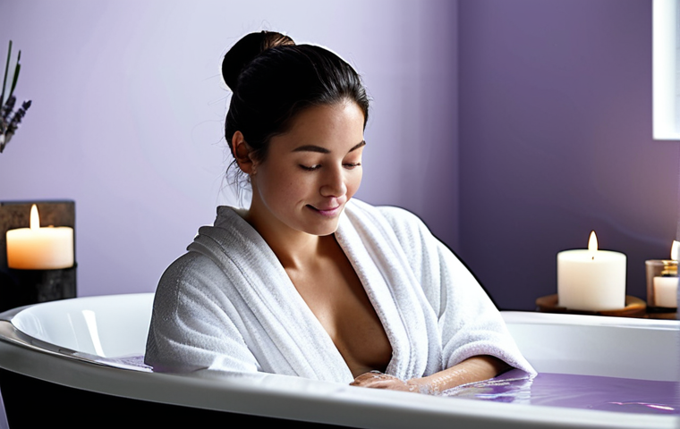 Serene Self-Care Ritual**
A woman fully clothed in a comfortable, modest robe is peacefully soaking in a warm bubble bath, scented candles flickering softly around the tub, lavender essential oils adding aromatherapy. Background: A clean, modern bathroom with natural light. Focus on a calm and peaceful mood. safe for work, appropriate content, fully clothed, professional, perfect anatomy, correct proportions, well-formed hands, proper finger count, natural body proportions, high quality, detailed, realistic.
**
