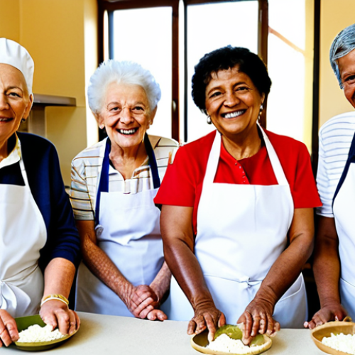 Home 7 Senior Center Activity**
"A diverse group of fully clothed senior citizens participating in a cooking class at a bright and cheerful community center in France. They are wearing appropriate attire for cooking, such as aprons. The scene is filled with natural light and features well-formed hands and natural body proportions. safe for work, appropriate content, professional, family-friendly, perfect anatomy, correct proportions."
**