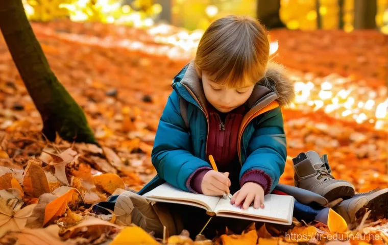 아이들의 여가 활동 - **Nature's Explorers:** A group of three children, ages 6-10, are exploring a vibrant autumn forest....