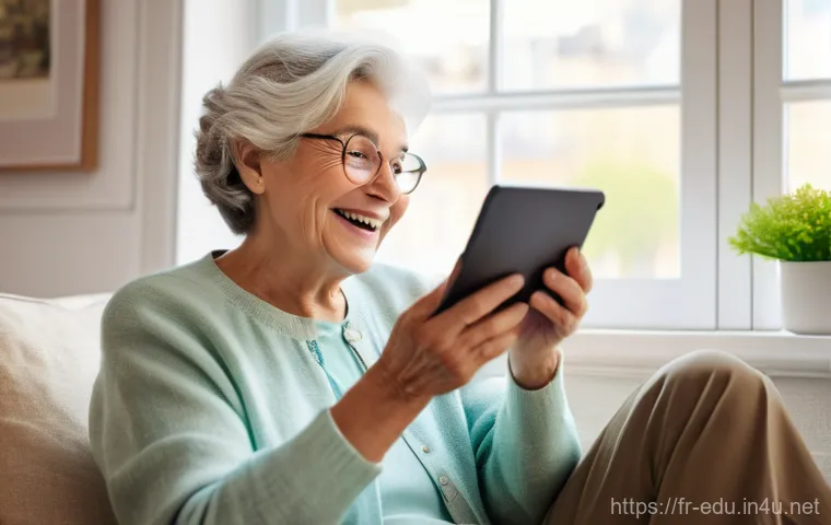 시니어 미디어 사용법 - **Prompt:** A cheerful French elderly woman in her late 70s, with a warm smile and kind eyes, comfor...