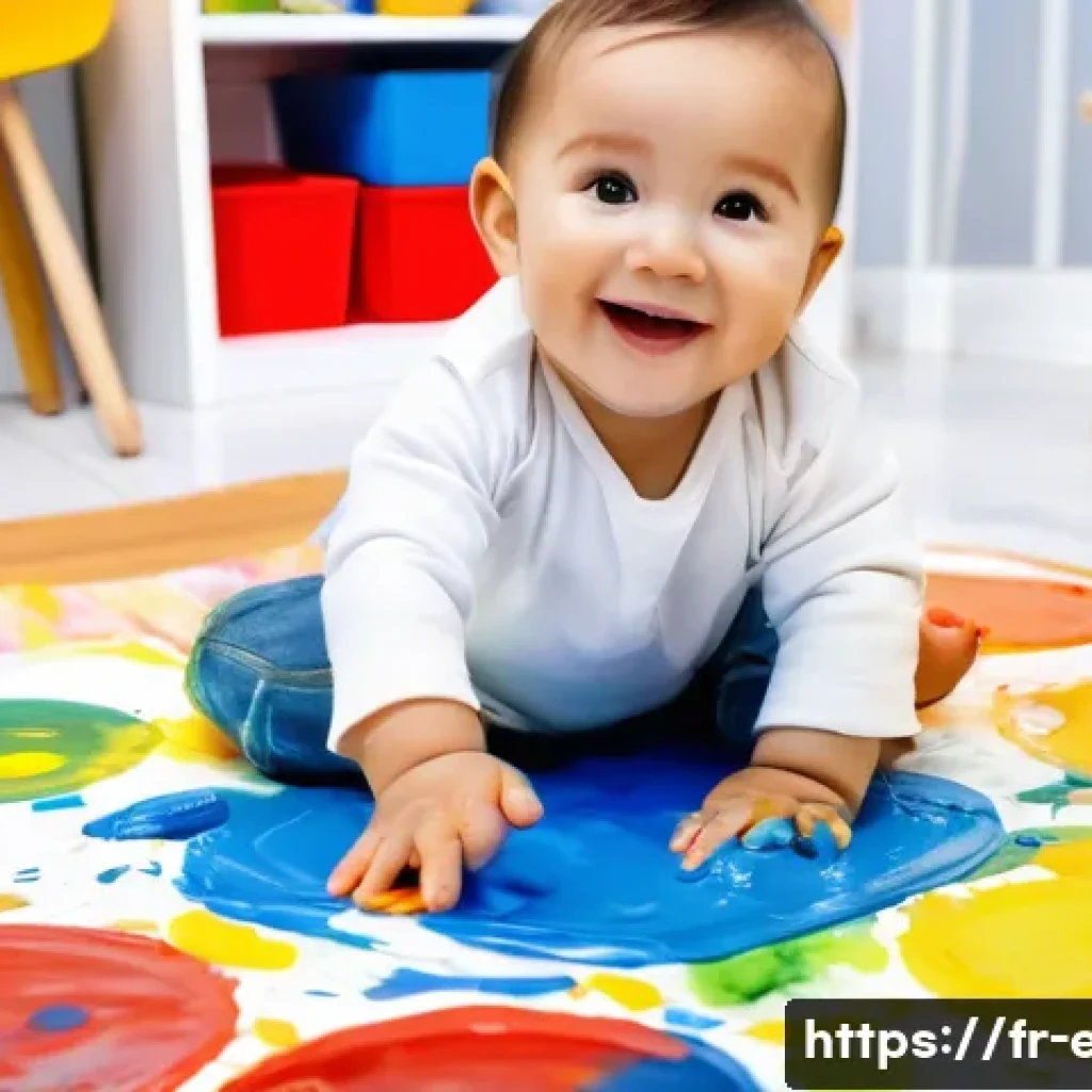 유아 미술 교육 - **Prompt:** A joyful toddler, approximately 18-24 months old, sitting on a large, protective mat. Th...