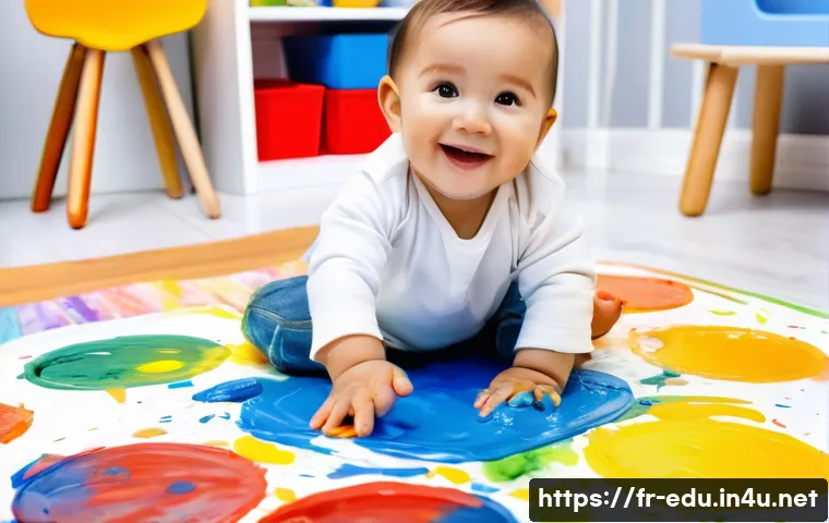유아 미술 교육 - **Prompt:** A joyful toddler, approximately 18-24 months old, sitting on a large, protective mat. Th...
