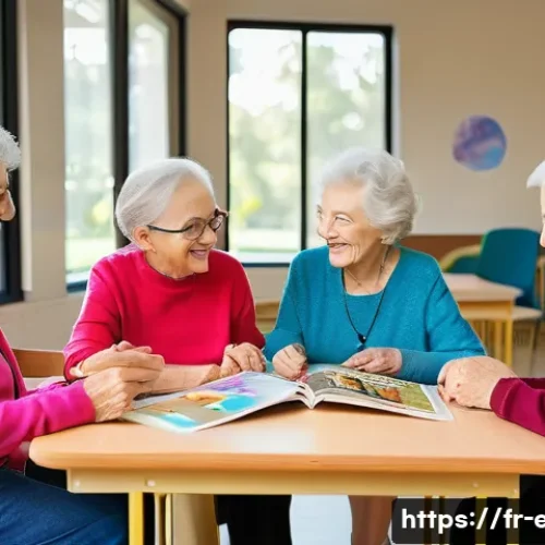 시니어 시청각 교육 - A warm and inviting senior community center room filled with natural light, showing a diverse group ...