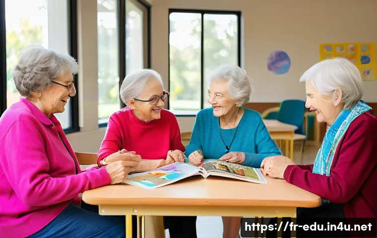 시니어 시청각 교육 - A warm and inviting senior community center room filled with natural light, showing a diverse group ...