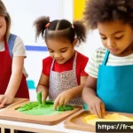 아동 창작 미술 - A group of young children wearing colorful aprons and comfortable clothing, happily engaging in a mu...
