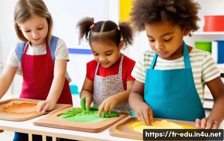 아동 창작 미술 - A group of young children wearing colorful aprons and comfortable clothing, happily engaging in a mu...