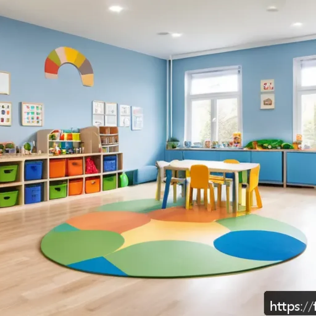 어린이 놀이방 운영 - A bright and safe indoor playroom designed for French preschool children, featuring soft foam rubber...