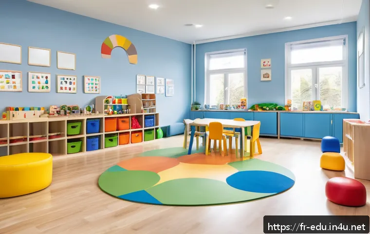 어린이 놀이방 운영 - A bright and safe indoor playroom designed for French preschool children, featuring soft foam rubber...