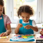 아이 창작 활동 - A bright and cheerful children&rsquo;s art workshop scene, featuring kids aged around 5 to 8 years old wea...