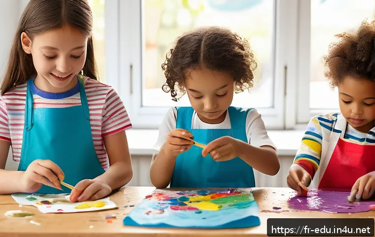 아이 창작 활동 - A bright and cheerful children&rsquo;s art workshop scene, featuring kids aged around 5 to 8 years old wea...