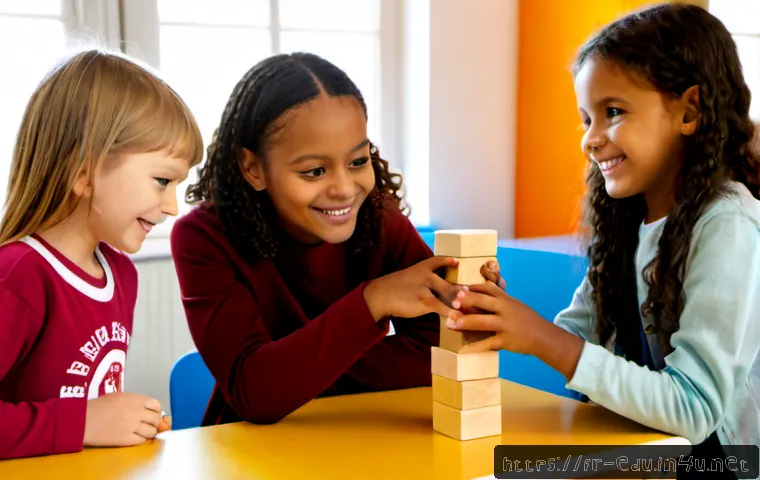 아이의 사회적 상호작용 - Photorealistic candid scene of four diverse French primary school children building a colorful woode...
