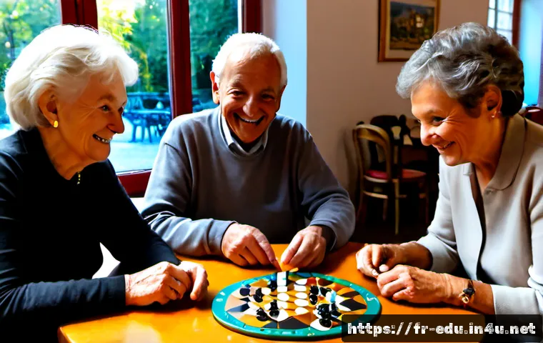 Home 17 노인 동아리 프로그램 - Photorealistic senior social club program in a bright French community center, diverse group of chee...