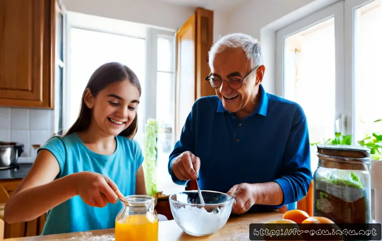 시니어와 함께하는 과학 실험 - Photorealistic French grandparents and their teenage granddaughter conducting a simple baking soda a...