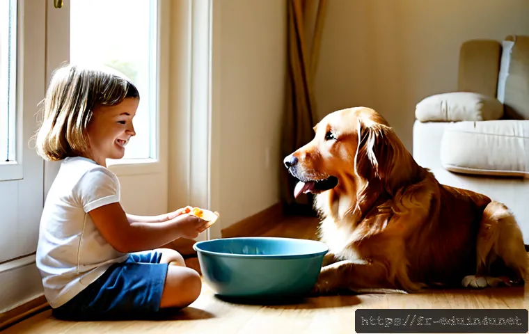 어린이 반려동물 교육 - Photorealistic French family home living room, a smiling parent gently teaching two school-age child...