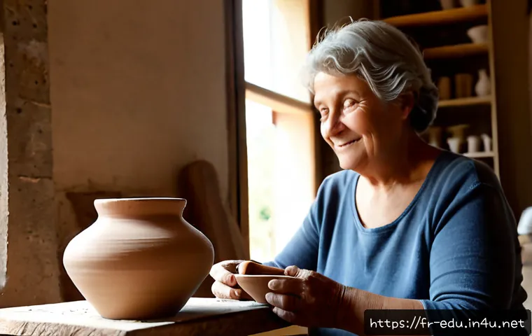 노인 체험 학습 - Photorealistic French senior learning pottery in a bright community arts workshop, an older woman sh...