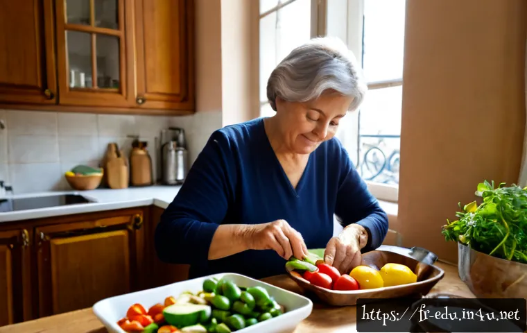 시니어 건강 관리 - Photorealistic French senior woman in her late sixties preparing a healthy Mediterranean-style lunch...